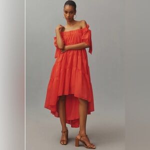 NEW Anthropologie Flowy Voluminous Tiered Off-Shoulder Orange Dress Size Small
